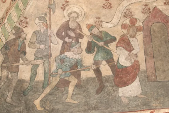 En medeltida målning där flera vakter för Jesus framför sig mot fängelset.